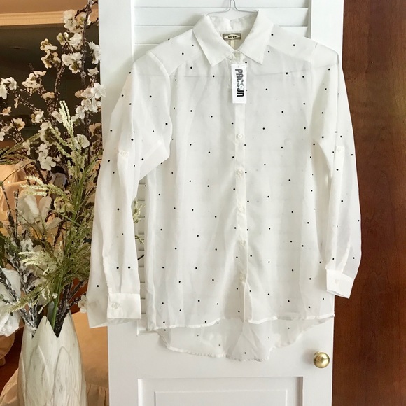 Kirra PacSun Sheer Long Sleeve Rhinestone Polkadot White Blouse XS - Picture 1 of 7